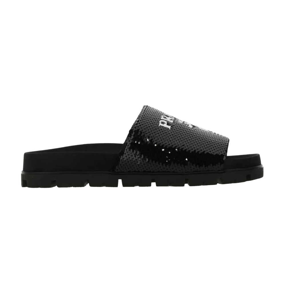 Prada Black Sequin White Logo Slide Sandal Slip On Pool Flip Flop Flat 37.5 - Picture 1 of 11